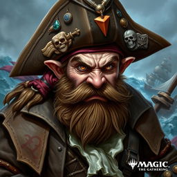A fierce and determined angry dwarf pirate captain, depicted in a dynamic and striking character portrait inspired by the fantasy art of Magic: The Gathering