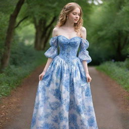 A viral trend-inspired, blue and white, flowy flower corset dress with sleeves, modeled by a pale-skinned girl. This outfit is not quite a gown, but a long, casually-elegant dress.