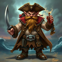 A full body character portrait of an angry dwarf pirate captain, depicted in a vibrant fantasy style inspired by Magic: The Gathering