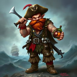 A full body character portrait of an angry dwarf pirate captain, depicted in a vibrant fantasy style inspired by Magic: The Gathering