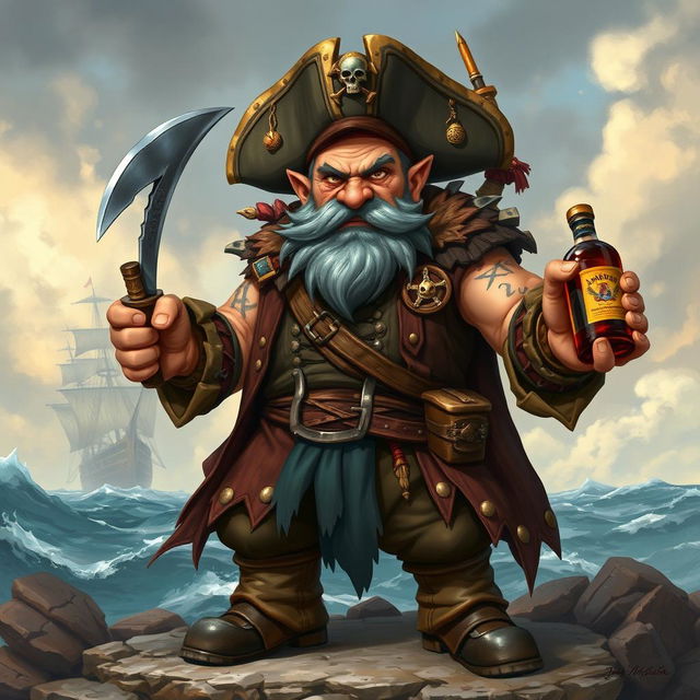 A full body character portrait of an angry dwarf pirate captain, depicted in a vibrant fantasy style inspired by Magic: The Gathering