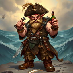 A full body character portrait of an angry dwarf pirate captain, depicted in a vibrant fantasy style inspired by Magic: The Gathering