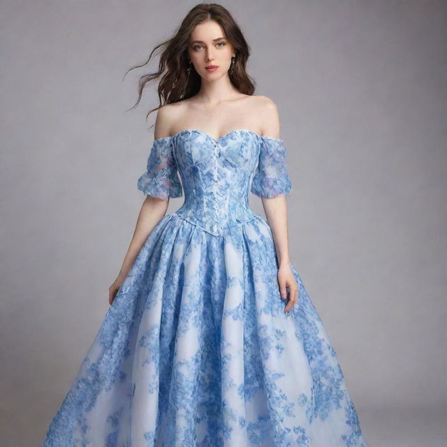 A viral trend-inspired, blue and white, flowy flower corset dress with sleeves, modeled by a pale-skinned girl. This outfit is not quite a gown, but a long, casually-elegant dress.