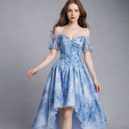 A viral trend-inspired, blue and white, flowy flower corset dress with sleeves, modeled by a pale-skinned girl. This outfit is not quite a gown, but a long, casually-elegant dress.