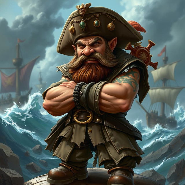 A dynamic character portrait of an angry dwarf pirate captain, portrayed in the vibrant and intricate style of Magic: The Gathering