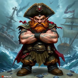 A dynamic character portrait of an angry dwarf pirate captain, portrayed in the vibrant and intricate style of Magic: The Gathering