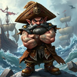 A dynamic character portrait of an angry dwarf pirate captain, portrayed in the vibrant and intricate style of Magic: The Gathering
