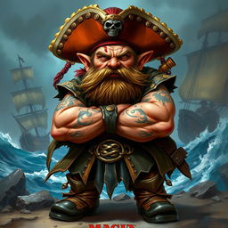 A dynamic character portrait of an angry dwarf pirate captain, portrayed in the vibrant and intricate style of Magic: The Gathering