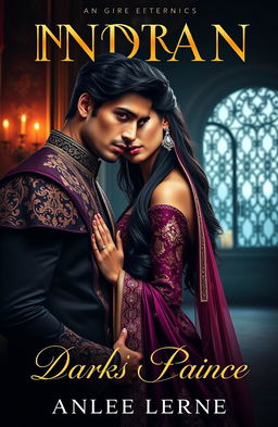 A captivating book cover for an Indian royal dark romance novel, featuring a stunning Indian princess in an elegant, intricately designed dark purple and gold traditional gown