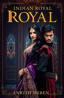 A captivating book cover for an Indian royal dark romance novel, featuring a stunning Indian princess in an elegant, intricately designed dark purple and gold traditional gown
