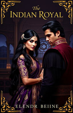 A captivating book cover for an Indian royal dark romance novel, featuring a stunning Indian princess in an elegant, intricately designed dark purple and gold traditional gown