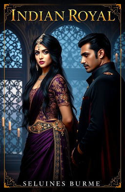 A captivating book cover for an Indian royal dark romance novel, featuring a stunning Indian princess in an elegant, intricately designed dark purple and gold traditional gown