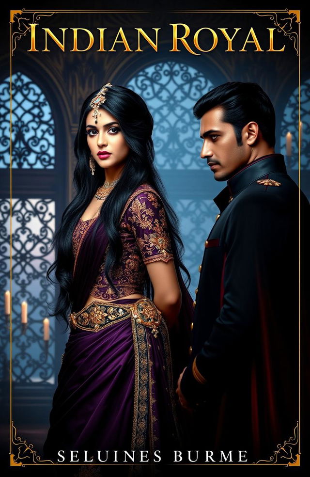 A captivating book cover for an Indian royal dark romance novel, featuring a stunning Indian princess in an elegant, intricately designed dark purple and gold traditional gown