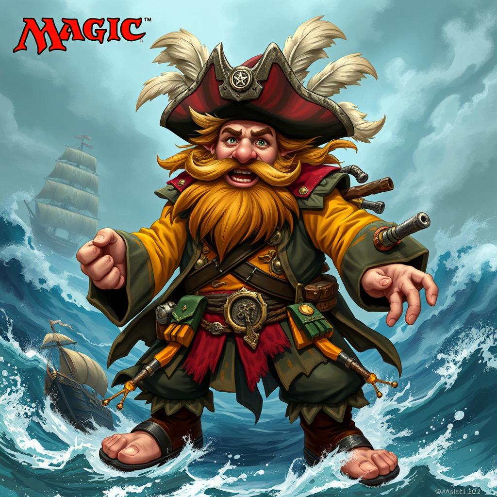 A dynamic character portrait of a wild dwarf pirate captain, illustrated in the captivating fantasy style of Magic: The Gathering