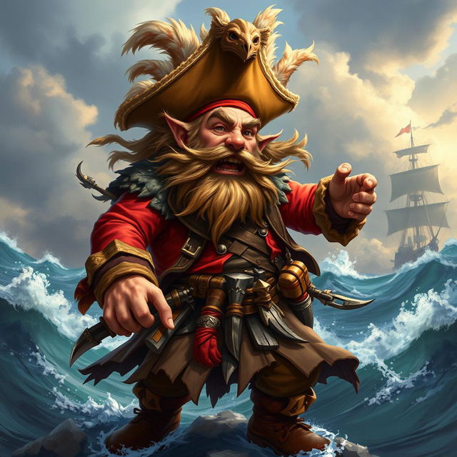 A dynamic character portrait of a wild dwarf pirate captain, illustrated in the captivating fantasy style of Magic: The Gathering