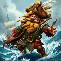 A dynamic character portrait of a wild dwarf pirate captain, illustrated in the captivating fantasy style of Magic: The Gathering