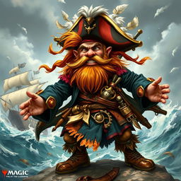 A dynamic character portrait of a wild dwarf pirate captain, illustrated in the captivating fantasy style of Magic: The Gathering