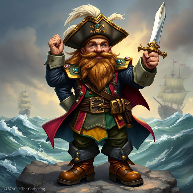 A dynamic character portrait of a dwarf pirate captain, illustrated in the fantastical and vibrant style of Magic: The Gathering