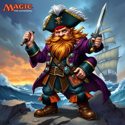 A dynamic character portrait of a dwarf pirate captain, illustrated in the fantastical and vibrant style of Magic: The Gathering
