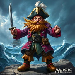 A dynamic character portrait of a dwarf pirate captain, illustrated in the fantastical and vibrant style of Magic: The Gathering