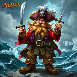 A dynamic character portrait of a dwarf pirate captain, illustrated in the fantastical and vibrant style of Magic: The Gathering
