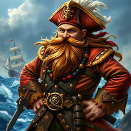 A dynamic character portrait of a dwarf pirate captain, depicted in the enchanting fantasy style of Magic: The Gathering