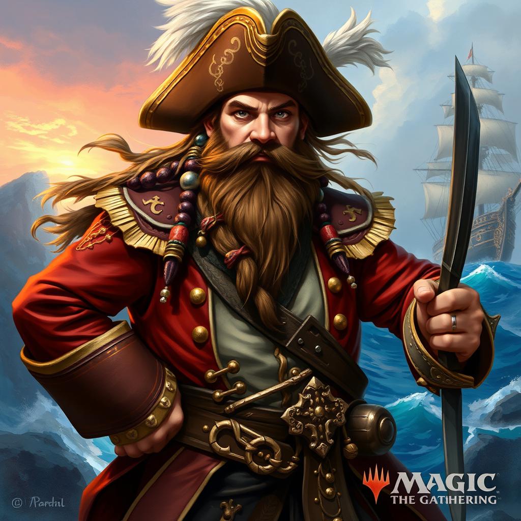 A dynamic character portrait of a dwarf pirate captain, depicted in the enchanting fantasy style of Magic: The Gathering