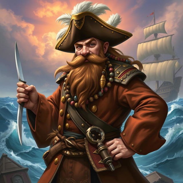 A dynamic character portrait of a dwarf pirate captain, depicted in the enchanting fantasy style of Magic: The Gathering