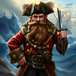 A dynamic character portrait of a dwarf pirate captain, depicted in the enchanting fantasy style of Magic: The Gathering