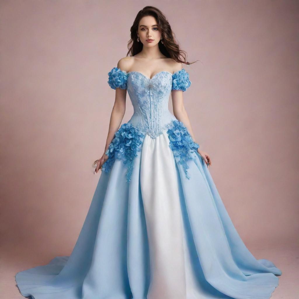 A viral-style, long, flowy, blue and white corset dress with flower accents and sleeves, showcased by a pale-skinned girl. Despite its length, the dress does not fit the typical gown aesthetic.