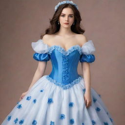 A viral-style, long, flowy, blue and white corset dress with flower accents and sleeves, showcased by a pale-skinned girl. Despite its length, the dress does not fit the typical gown aesthetic.