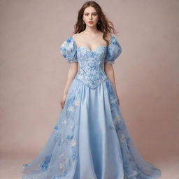 A pale-skinned girl modeling a long, flowy, blue and white corset dress adorned with flowers and sleeves. The dress reflects a viral, casual style.