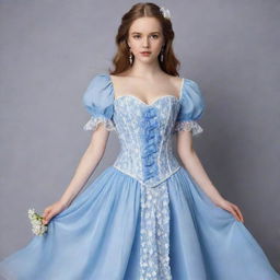 A pale-skinned girl modeling a long, flowy, blue and white corset dress adorned with flowers and sleeves. The dress reflects a viral, casual style.