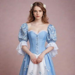 A pale-skinned girl modeling a long, flowy, blue and white corset dress adorned with flowers and sleeves. The dress reflects a viral, casual style.