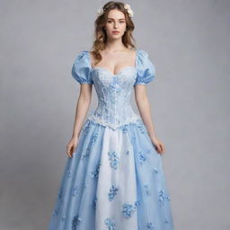 A pale-skinned girl modeling a long, flowy, blue and white corset dress adorned with flowers and sleeves. The dress reflects a viral, casual style.