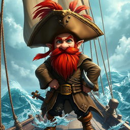 A dynamic character portrait of a dwarf pirate captain standing confidently on the deck of his ship, with a stormy sea in the background