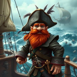 A dynamic character portrait of a dwarf pirate captain standing confidently on the deck of his ship, with a stormy sea in the background