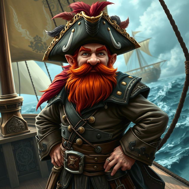 A dynamic character portrait of a dwarf pirate captain standing confidently on the deck of his ship, with a stormy sea in the background