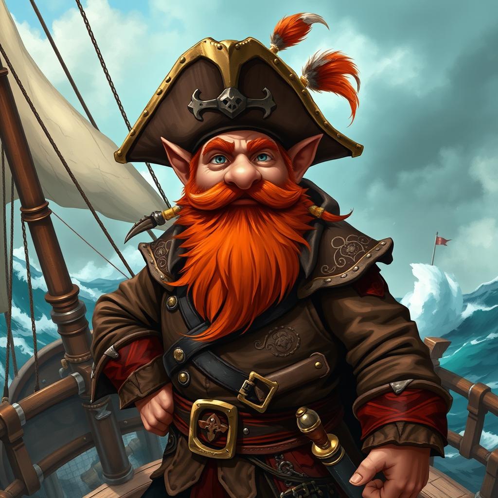 A dynamic character portrait of a dwarf pirate captain standing confidently on the deck of his ship, with a stormy sea in the background