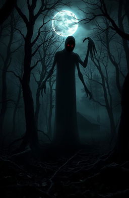 A dark and eerie forest at night, shrouded in a thick mist with gnarled trees reaching out like skeletal fingers