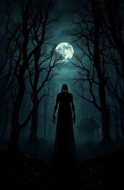 A dark and eerie forest at night, shrouded in a thick mist with gnarled trees reaching out like skeletal fingers
