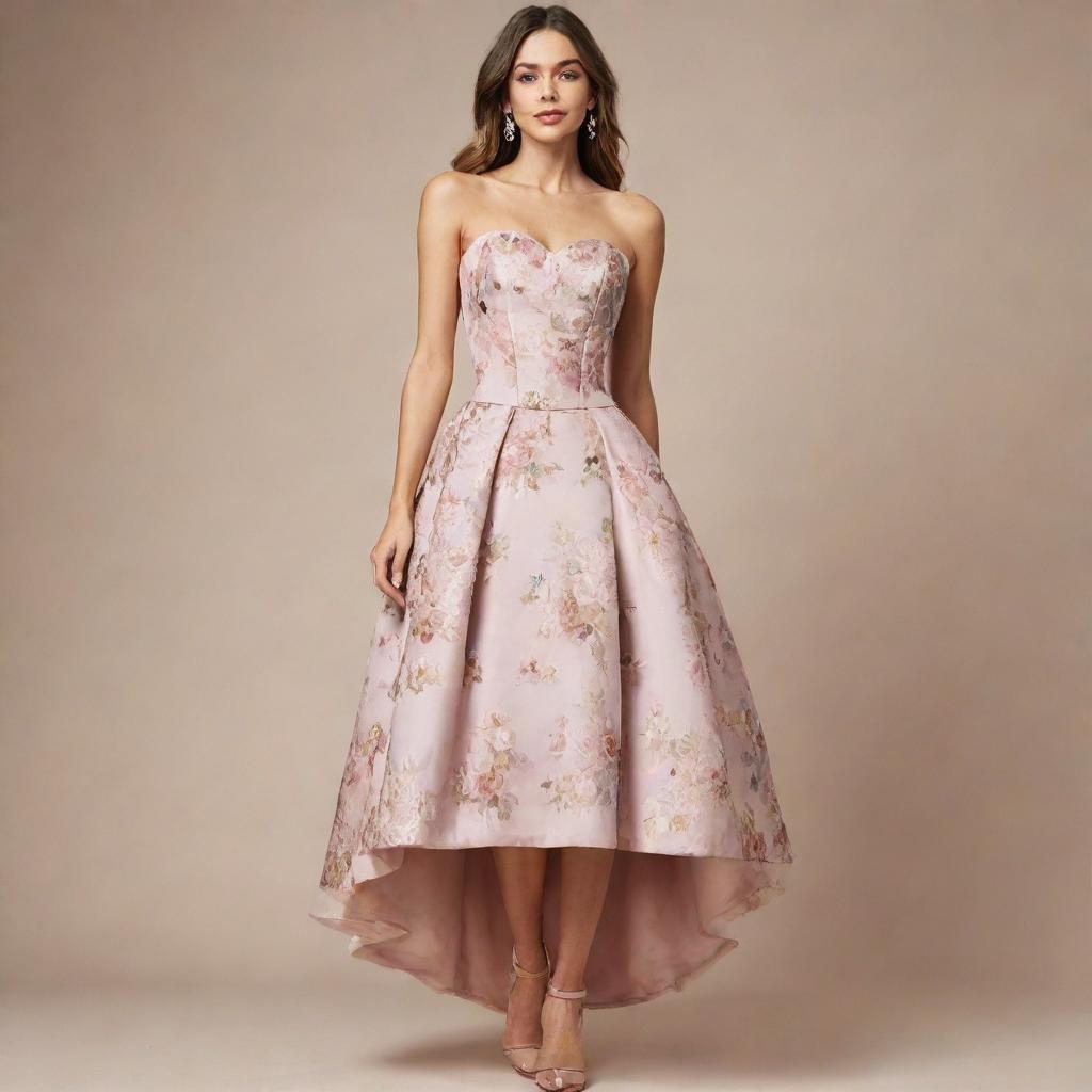 A viral-style floral dress designed for a wedding guest, featuring a corset-like top portion. The dress embodies trendsetting elegance and tasteful style.