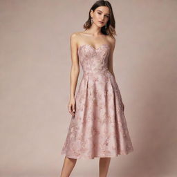 A viral-style floral dress designed for a wedding guest, featuring a corset-like top portion. The dress embodies trendsetting elegance and tasteful style.