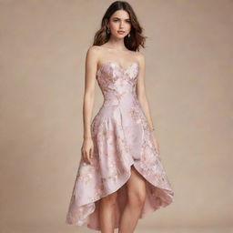 A viral-style floral dress designed for a wedding guest, featuring a corset-like top portion. The dress embodies trendsetting elegance and tasteful style.