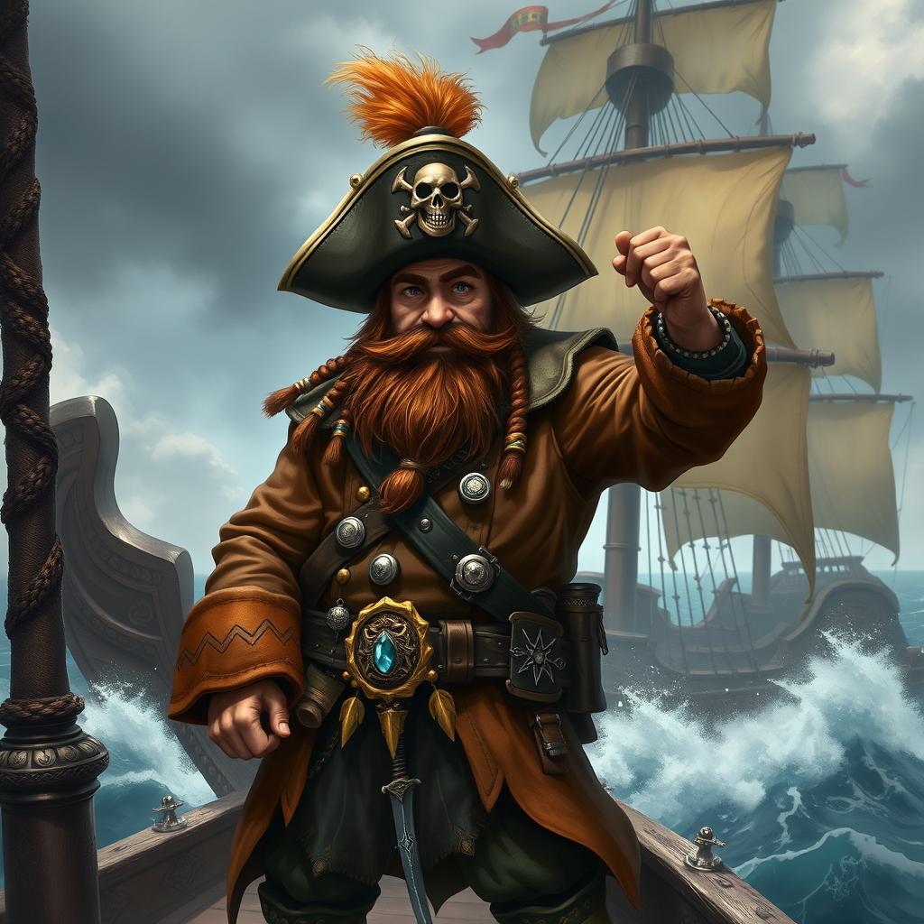 A dynamic character portrait of a dwarf pirate captain standing boldly on the deck of his ship, under an overcast sky with fierce waves crashing against the hull