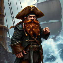 A dynamic character portrait of a dwarf pirate captain standing boldly on the deck of his ship, under an overcast sky with fierce waves crashing against the hull