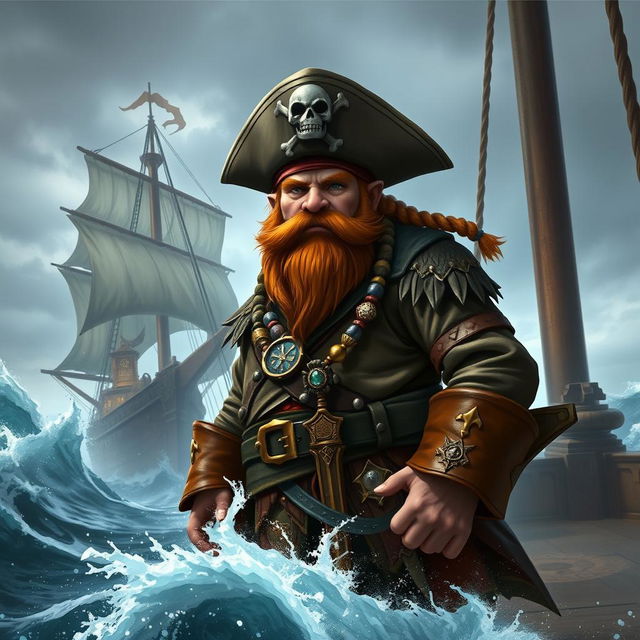 A dynamic character portrait of a dwarf pirate captain standing boldly on the deck of his ship, under an overcast sky with fierce waves crashing against the hull