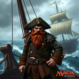 A dynamic character portrait of a dwarf pirate captain standing boldly on the deck of his ship, under an overcast sky with fierce waves crashing against the hull