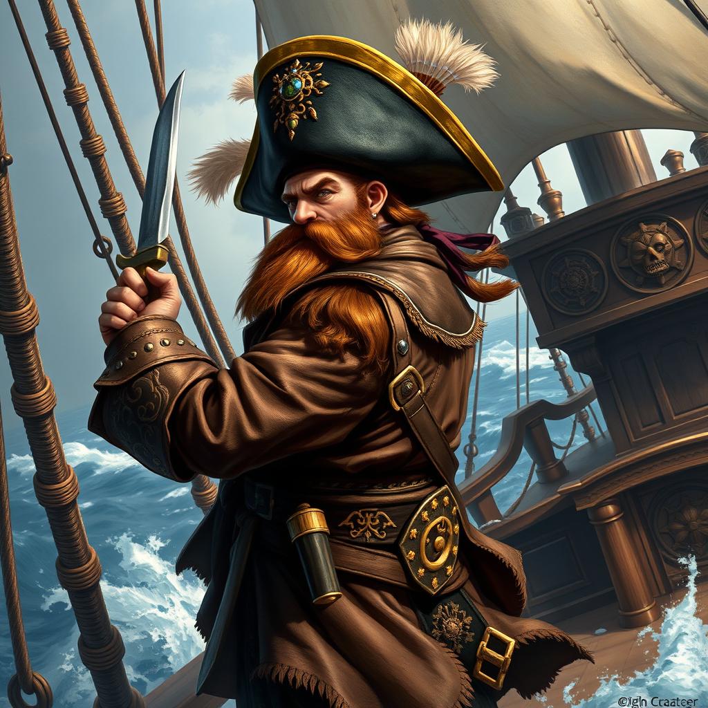 A very dynamic character portrait of a dwarf pirate captain facing left, standing proudly on the deck of his ship