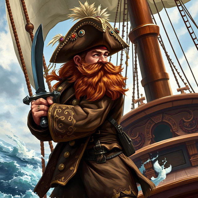 A very dynamic character portrait of a dwarf pirate captain facing left, standing proudly on the deck of his ship